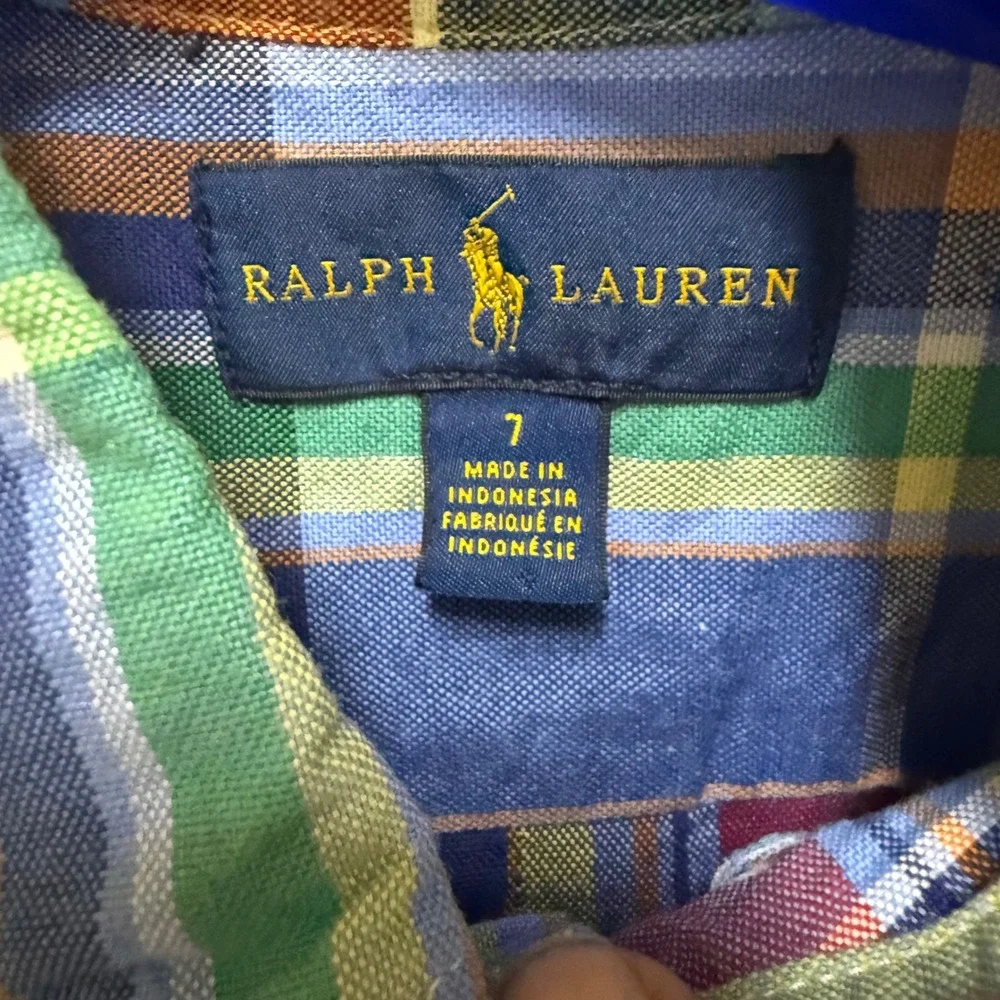 Ralph Lauren Boys Blue Multi Plaid Cotton Oxford Long Sleeve Button Down Shirt 7